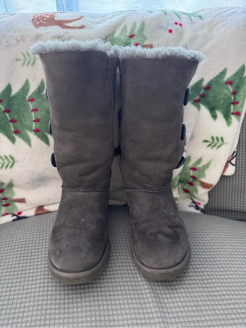 UGG Gray Button Mid-Calf Shearling Boots - Women's